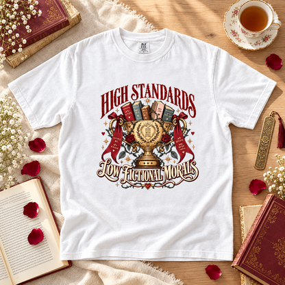 High Standards Low Fictional Morals Shirt, Funny Romance Reader Tee, Book Lover Gift, Morally Gray Book Club Shirt