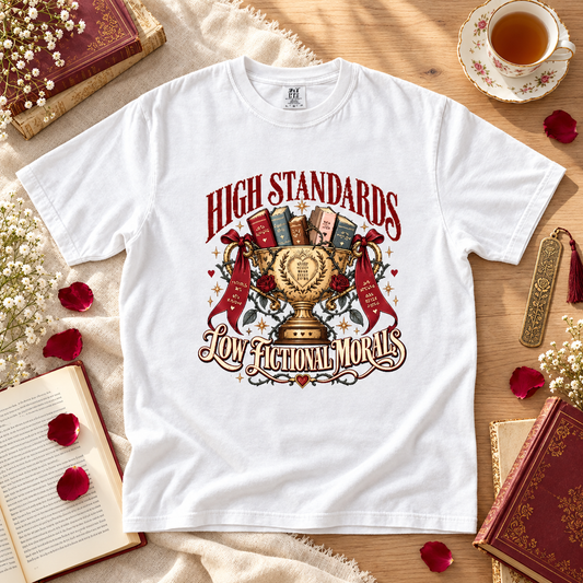 High Standards Low Fictional Morals Shirt, Funny Romance Reader Tee, Book Lover Gift, Morally Gray Book Club Shirt