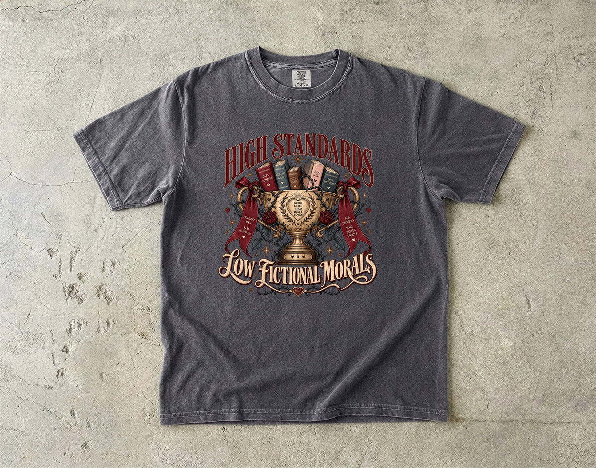 High Standards Low Fictional Morals Shirt, Funny Romance Reader Tee, Book Lover Gift, Morally Gray Book Club Shirt