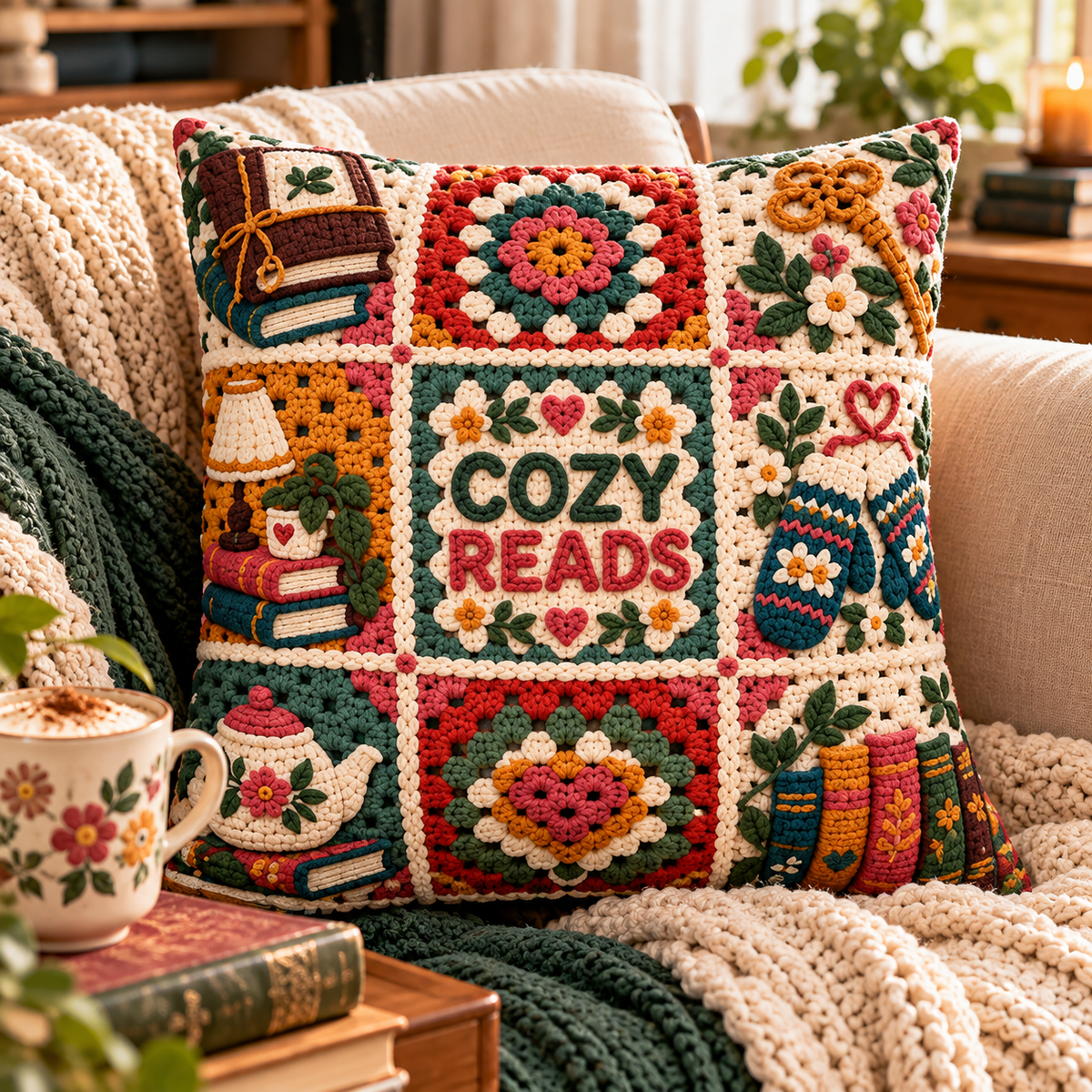 A square crocheted throw pillow with a cozy library-themed patchwork design and the words 'COZY READS' in the center, styled on a cream sofa with a chunky knit blanket, a floral mug, and books in a warm living room setting.