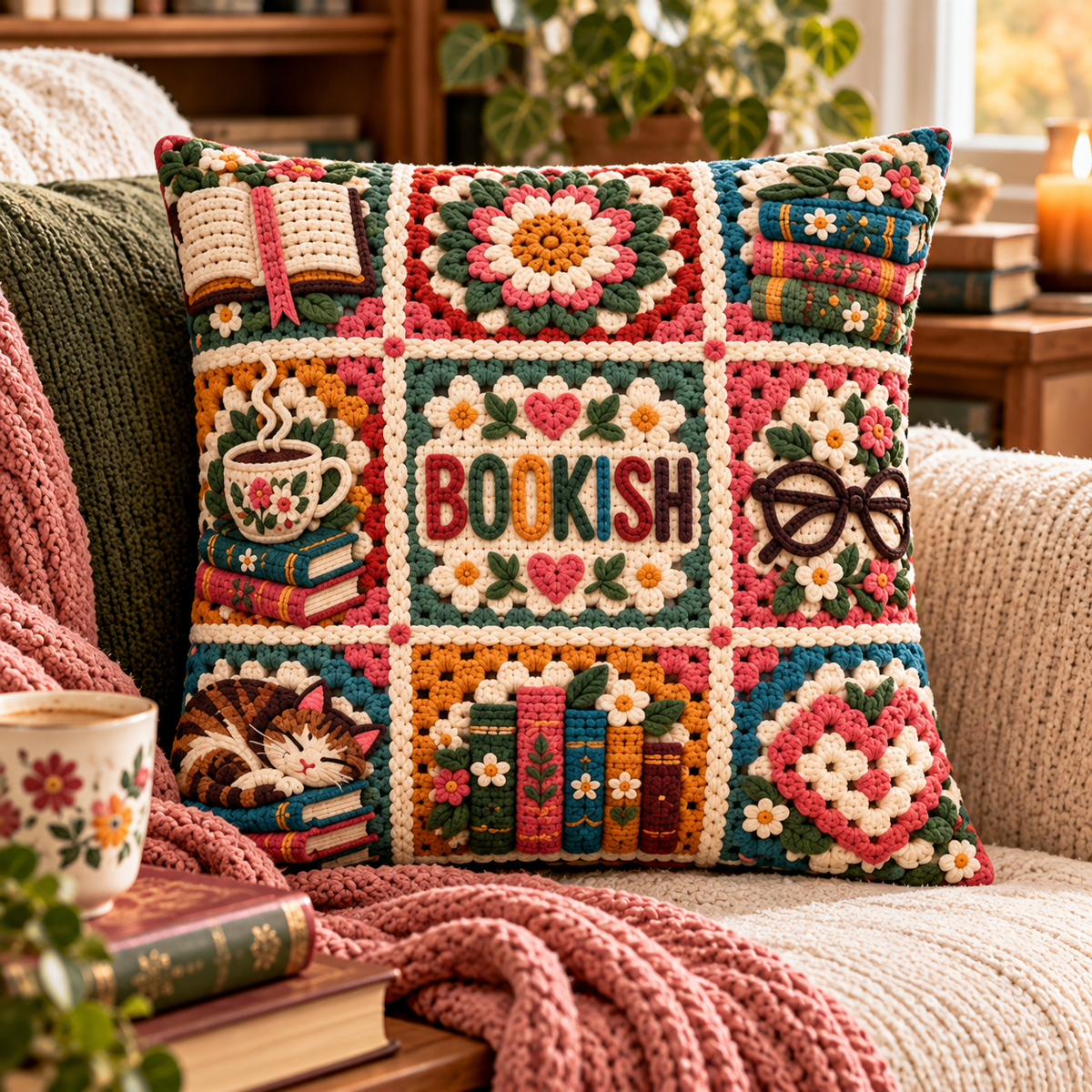 Book Lover Pillow Cover, Cozy Reads Pillow Case, Faux Crochet Granny Square Pillow, Bookish Decor, Reading Nook Gift, 14x14 Cushion Cover