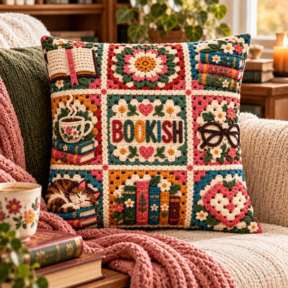 Book Lover Pillow Cover, Cozy Reads Pillow Case, Faux Crochet Granny Square Pillow, Bookish Decor, Reading Nook Gift, 14x14 Cushion Cover