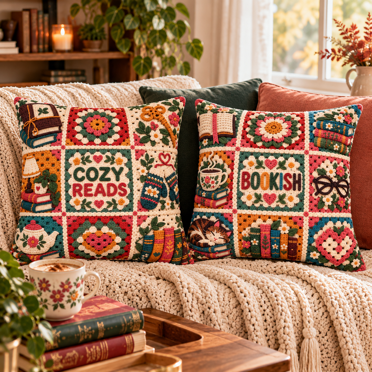 Book Lover Pillow Cover, Cozy Reads Pillow Case, Faux Crochet Granny Square Pillow, Bookish Decor, Reading Nook Gift, 14x14 Cushion Cover