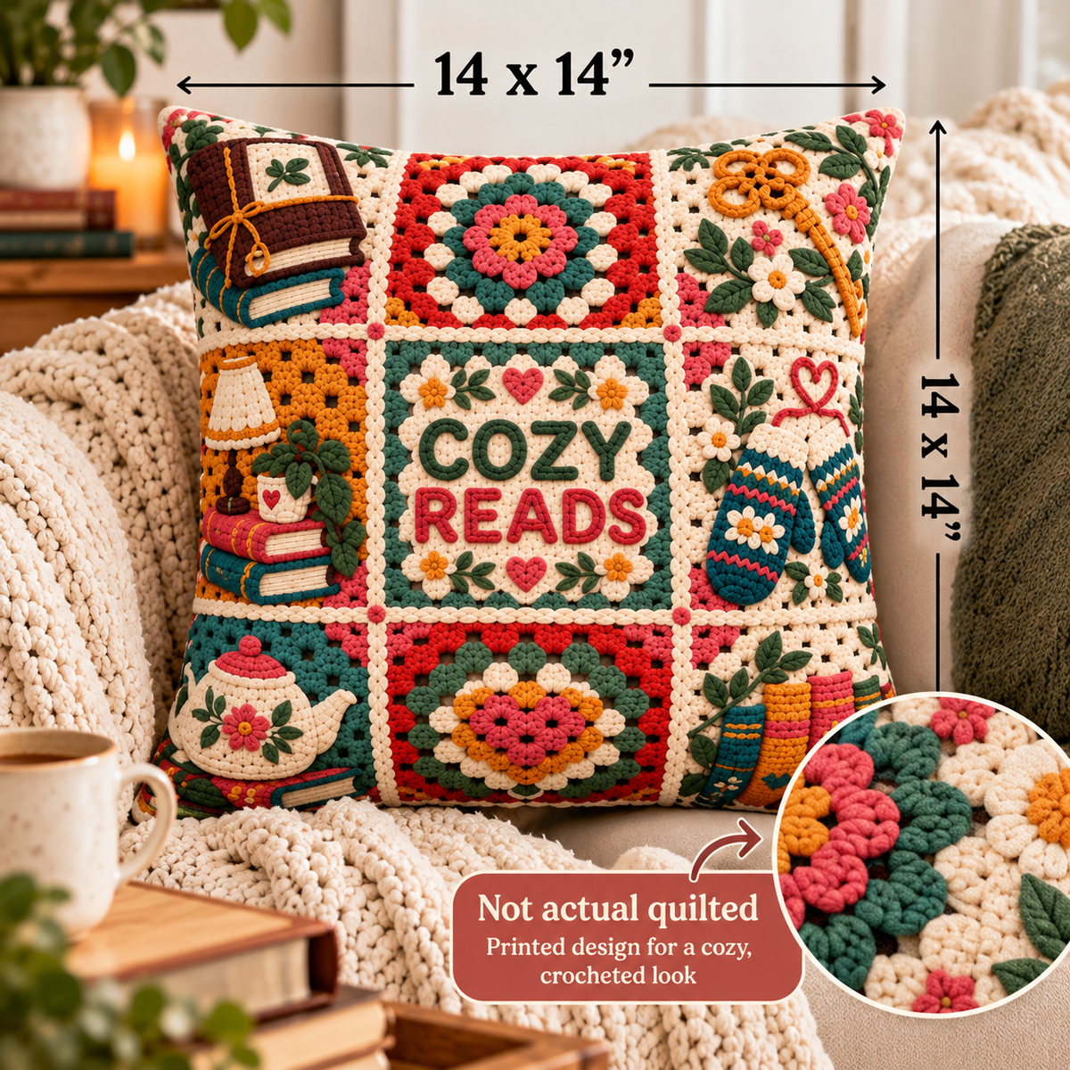 Book Lover Pillow Cover, Cozy Reads Pillow Case, Faux Crochet Granny Square Pillow, Bookish Decor, Reading Nook Gift, 14x14 Cushion Cover
