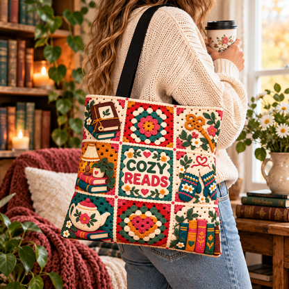 Book Lover Tote Bag, Cozy Reads Bookish Tote, Faux Crochet Granny Square Bag, Reading Library Bag, Reader Gift, 16x16 Book Tote
