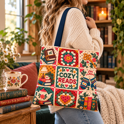 Book Lover Tote Bag, Cozy Reads Bookish Tote, Faux Crochet Granny Square Bag, Reading Library Bag, Reader Gift, 16x16 Book Tote