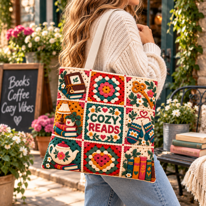 Book Lover Tote Bag, Cozy Reads Bookish Tote, Faux Crochet Granny Square Bag, Reading Library Bag, Reader Gift, 16x16 Book Tote