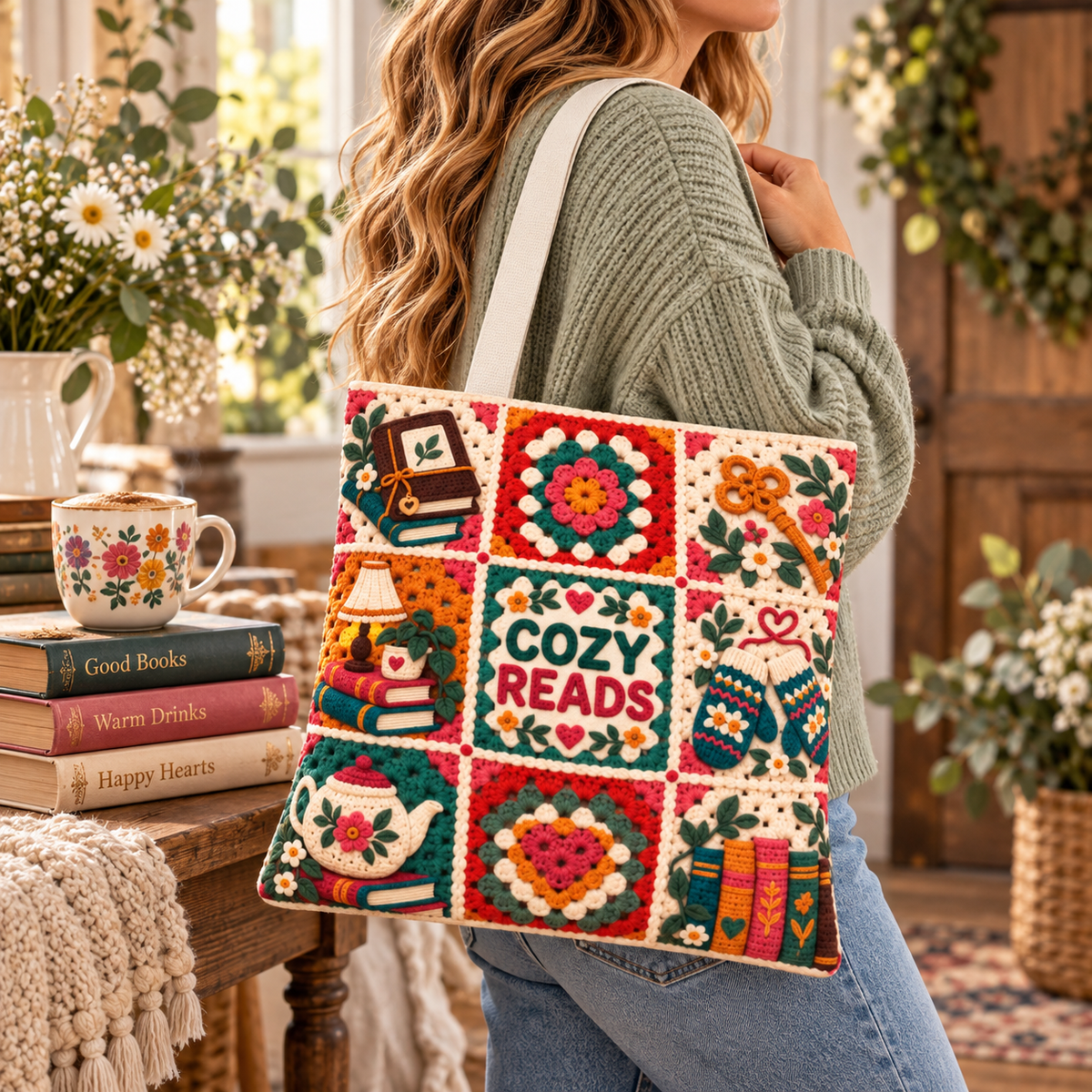Book Lover Tote Bag, Cozy Reads Bookish Tote, Faux Crochet Granny Square Bag, Reading Library Bag, Reader Gift, 16x16 Book Tote