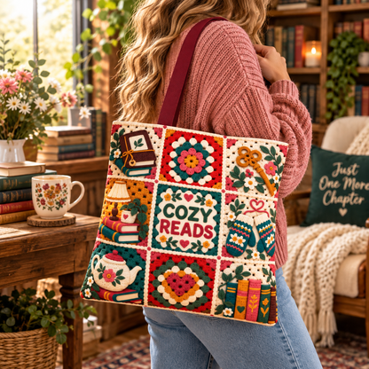 Book Lover Tote Bag, Cozy Reads Bookish Tote, Faux Crochet Granny Square Bag, Reading Library Bag, Reader Gift, 16x16 Book Tote