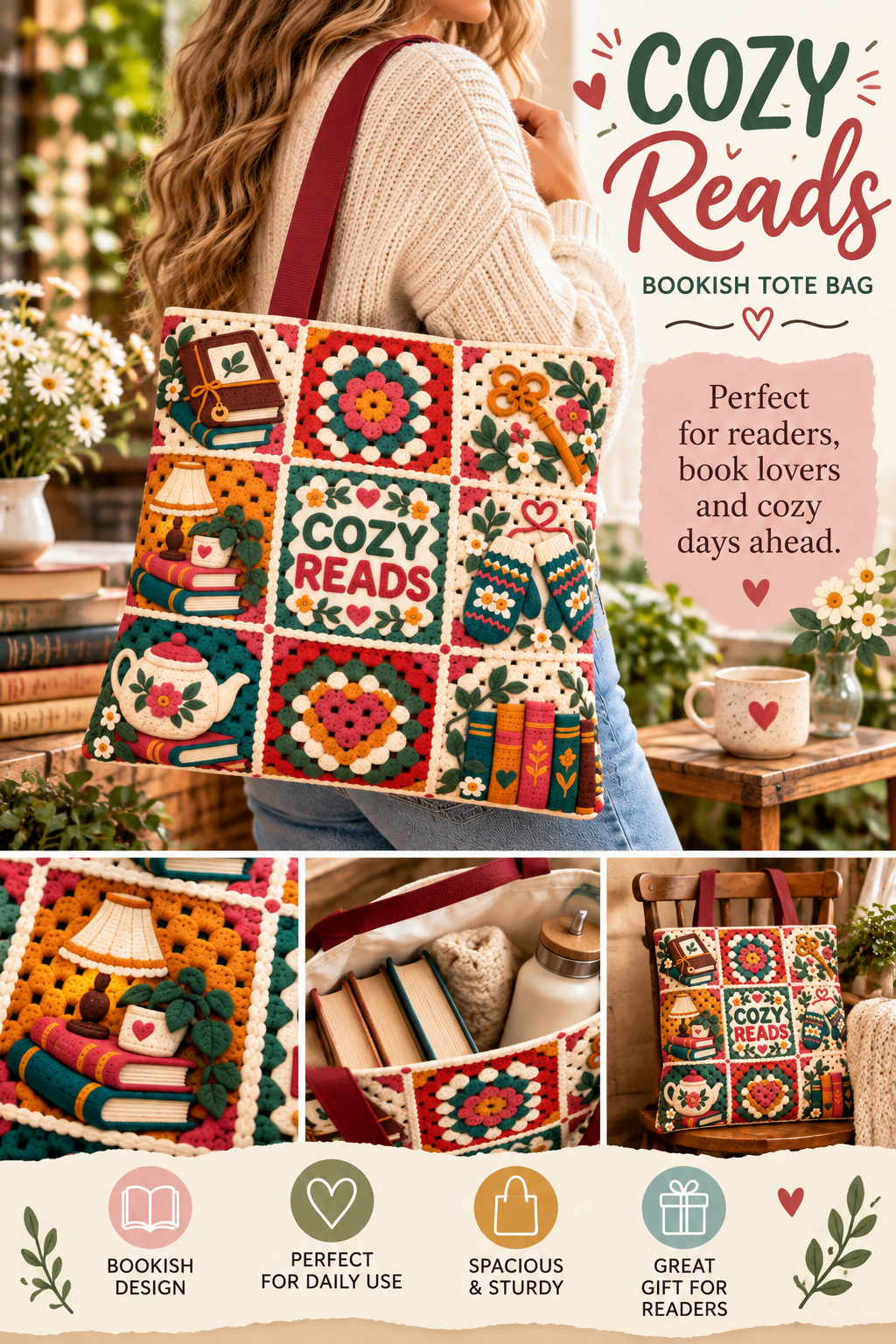 Looking for a cute book lover tote bag for library trips, bookstore hauls, or everyday essentials? 📚 This 16x16 Cozy Reads tote features a colorful faux crochet granny square design printed on both sides, plus your choice of handle color. The detailed artwork gives you the cozy handmade look without actual quilting or crochet. A fun reader gift, book club gift, librarian gift, or bookish accessory for anyone who always needs room for one more book.