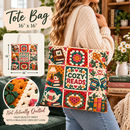 Book Lover Tote Bag, Cozy Reads Bookish Tote, Faux Crochet Granny Square Bag, Reading Library Bag, Reader Gift, 16x16 Book Tote