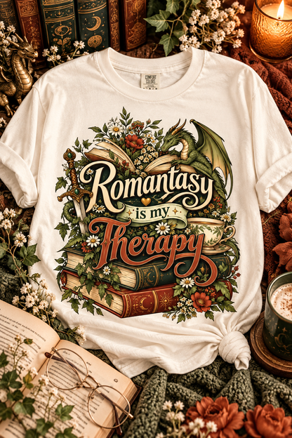 Romantasy Is My Therapy Shirt, Fantasy Book Lover T-Shirt, Dragon Reader Tee, Bookish Romance Shirt, Fantasy Reader Giftu