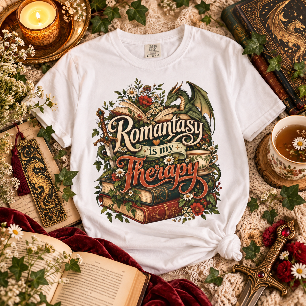 Romantasy Is My Therapy Shirt, Fantasy Book Lover T-Shirt, Dragon Reader Tee, Bookish Romance Shirt, Fantasy Reader Giftu