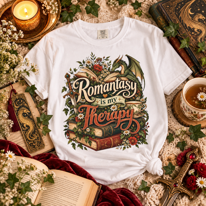 Romantasy Is My Therapy Shirt, Fantasy Book Lover T-Shirt, Dragon Reader Tee, Bookish Romance Shirt, Fantasy Reader Giftu