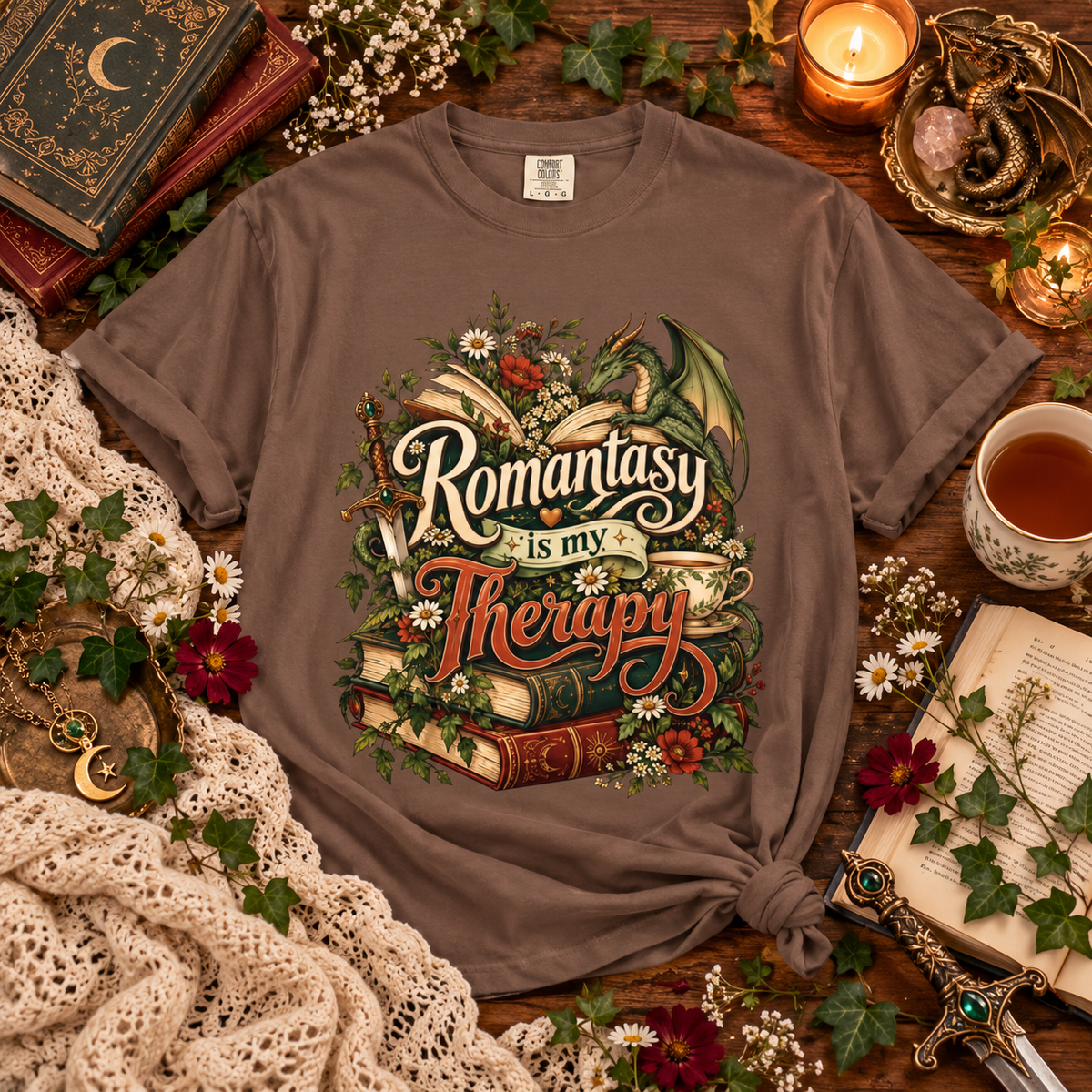 Romantasy Is My Therapy Shirt, Fantasy Book Lover T-Shirt, Dragon Reader Tee, Bookish Romance Shirt, Fantasy Reader Giftu