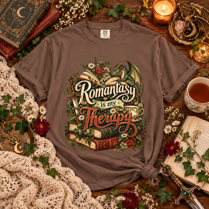 Romantasy Is My Therapy Shirt, Fantasy Book Lover T-Shirt, Dragon Reader Tee, Bookish Romance Shirt, Fantasy Reader Giftu