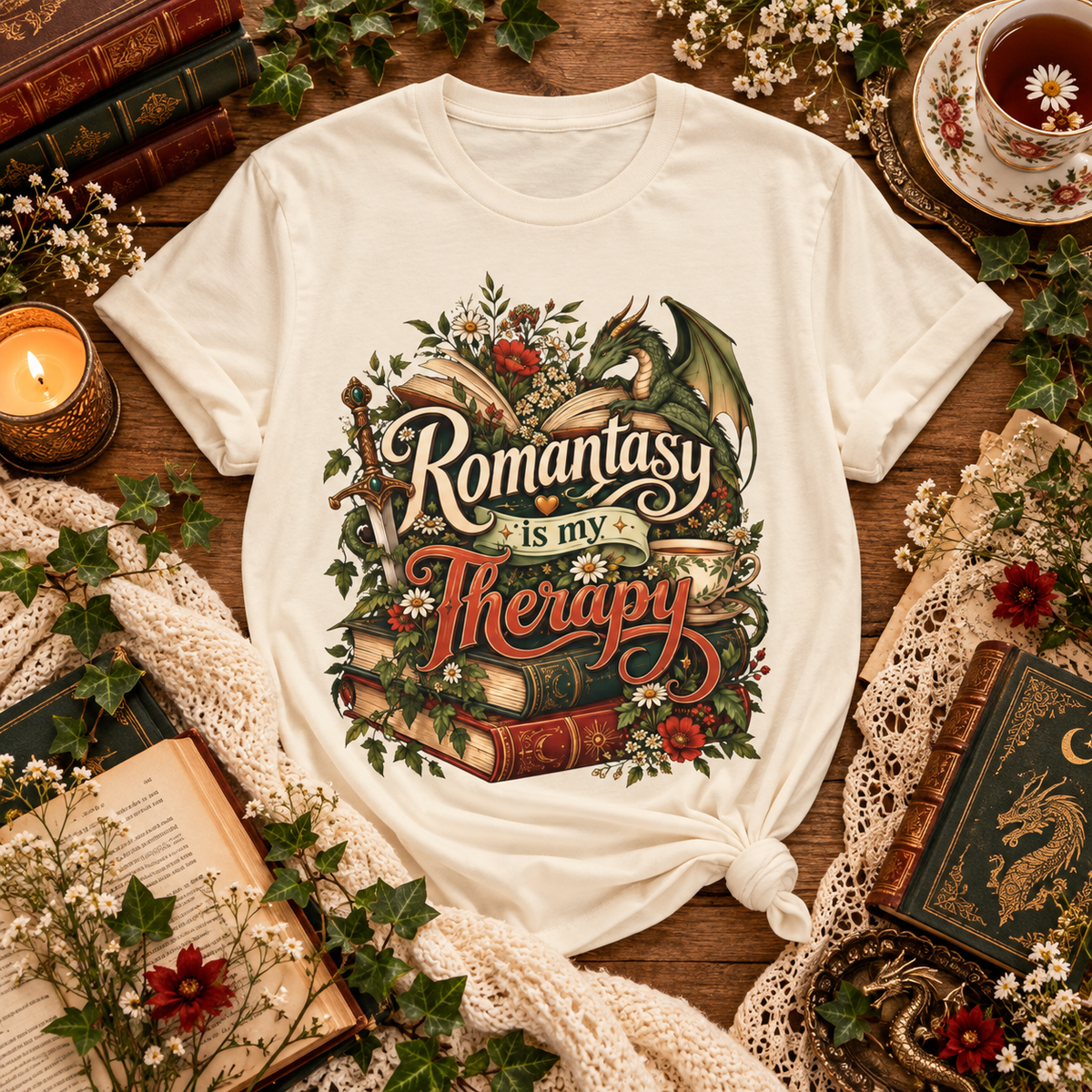 Romantasy Is My Therapy Shirt, Fantasy Book Lover T-Shirt, Dragon Reader Tee, Bookish Romance Shirt, Fantasy Reader Giftu