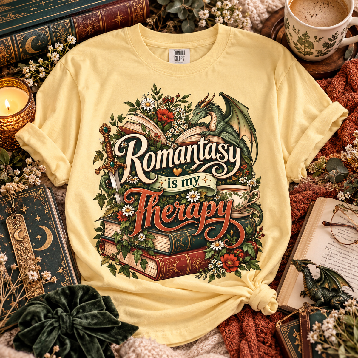 Romantasy Is My Therapy Shirt, Fantasy Book Lover T-Shirt, Dragon Reader Tee, Bookish Romance Shirt, Fantasy Reader Giftu