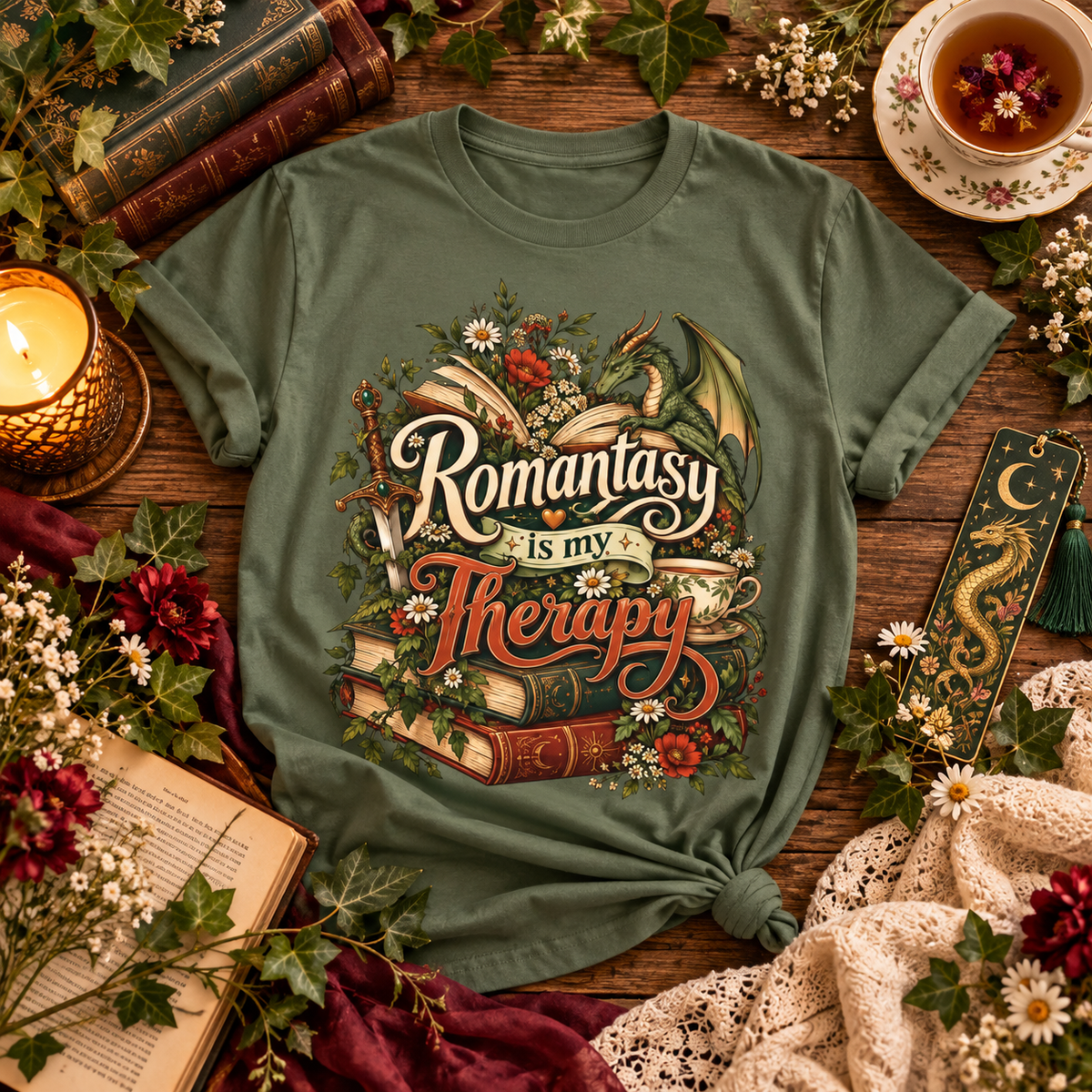 Romantasy Is My Therapy Shirt, Fantasy Book Lover T-Shirt, Dragon Reader Tee, Bookish Romance Shirt, Fantasy Reader Giftu