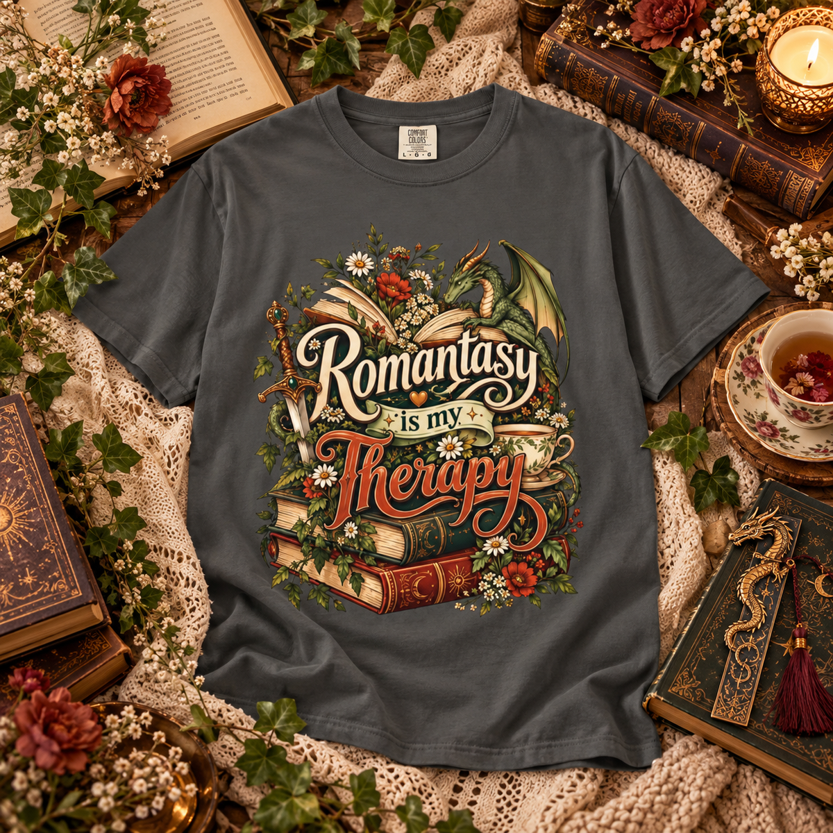 Romantasy Is My Therapy Shirt, Fantasy Book Lover T-Shirt, Dragon Reader Tee, Bookish Romance Shirt, Fantasy Reader Giftu