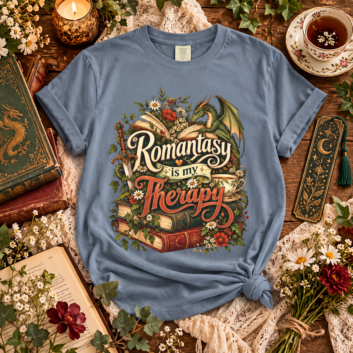 Romantasy Is My Therapy Shirt, Fantasy Book Lover T-Shirt, Dragon Reader Tee, Bookish Romance Shirt, Fantasy Reader Giftu