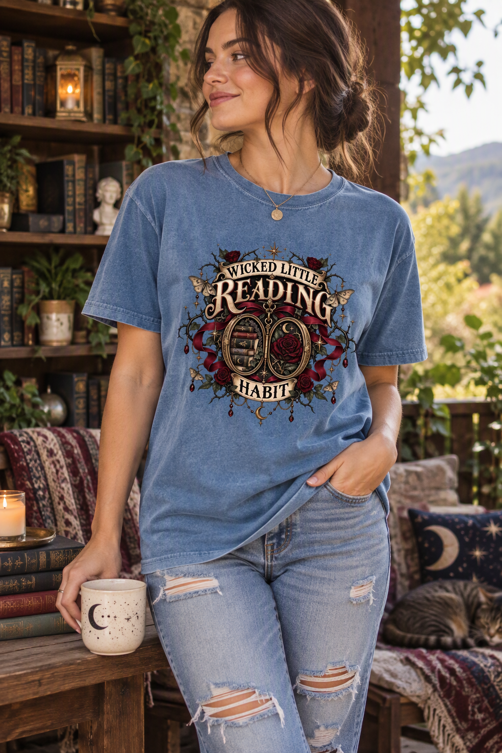 Show off your wicked little reading habit with this gothic book lover shirt featuring antique books, burgundy roses, moths, ribbons, celestial details, and ornate vintage flourishes. This soft Comfort Colors tee makes a fun gift for romance readers, romantasy fans, BookTok friends, librarians, writers, and book club members. Perfect for bookstore trips, library visits, author events, reading retreats, or cozy weekends with your TBR.