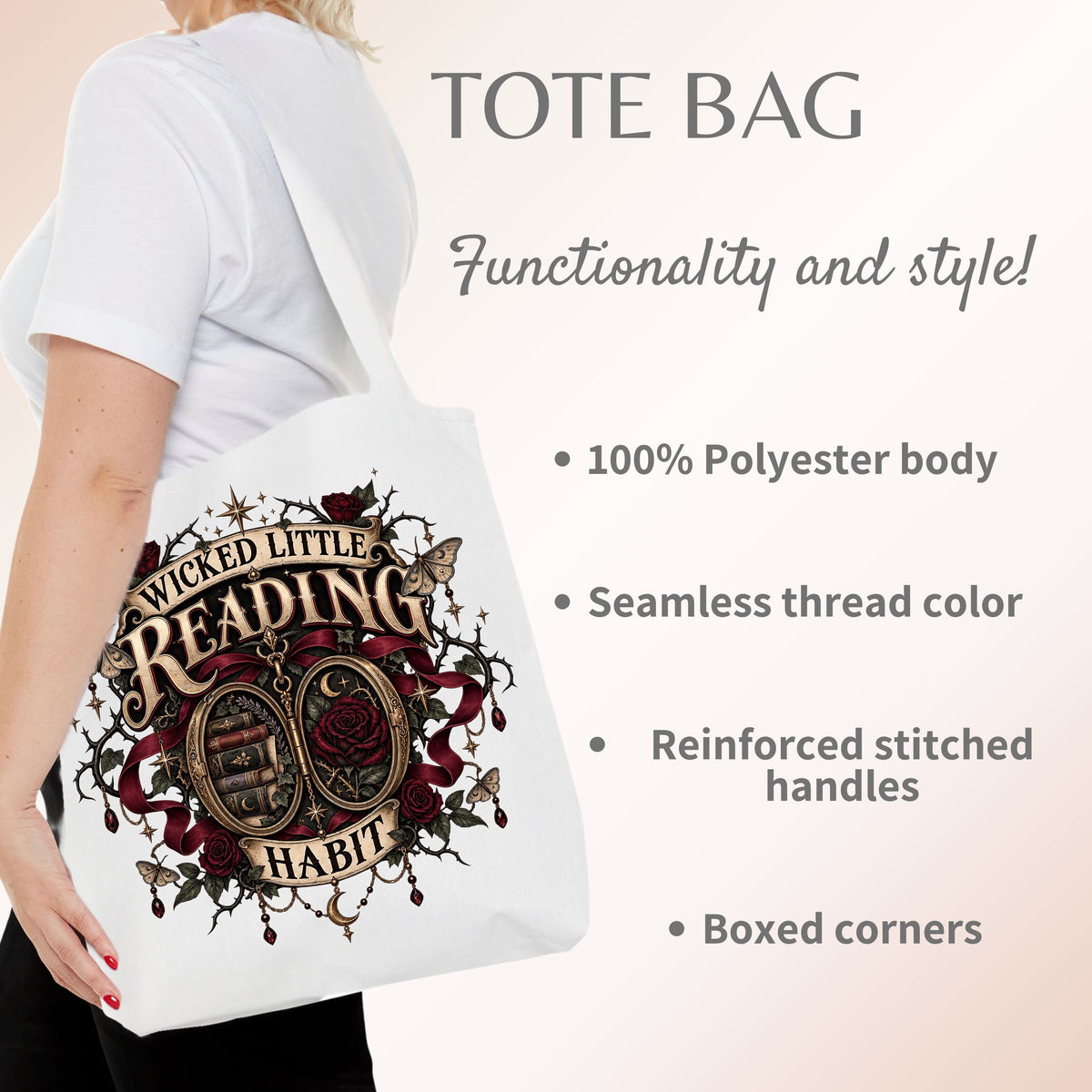 Wicked Little Reading Habit Tote Bag, Gothic Book Lover Gift, Dark Romance Library Bag, Book Club Tote, 16x16