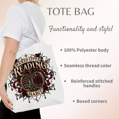 Wicked Little Reading Habit Tote Bag, Gothic Book Lover Gift, Dark Romance Library Bag, Book Club Tote, 16x16