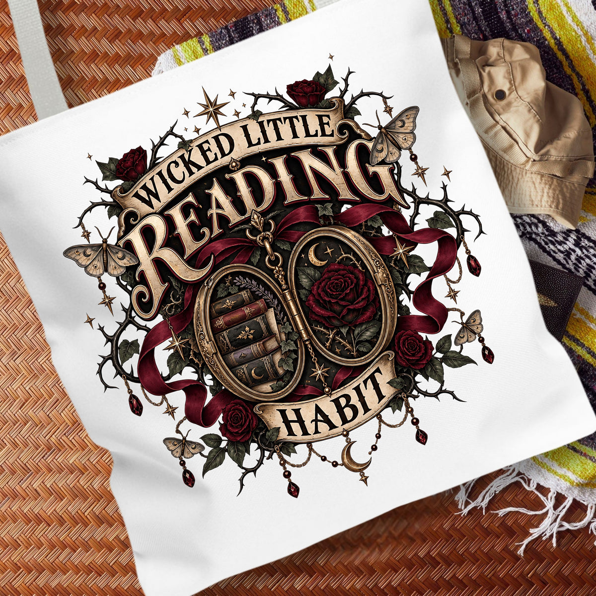 Wicked Little Reading Habit Tote Bag, Gothic Book Lover Gift, Dark Romance Library Bag, Book Club Tote, 16x16