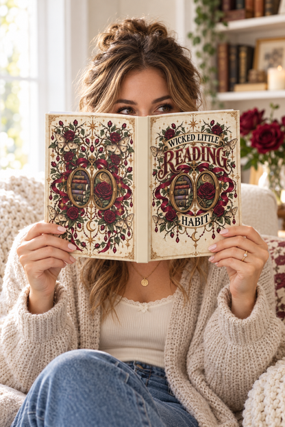 Give your reading notes a wickedly beautiful home. This “Wicked Little Reading Habit” hardcover journal features romantic gothic artwork with antique books, burgundy roses, moths, ribbons, and celestial details. With 150 lined pages and a coordinated full-wrap cover, it is perfect for book reviews, favorite quotes, reading trackers, journaling, and creative writing. A thoughtful gift for dark romance readers, romantasy fans, writers, librarians, and book-club friends.