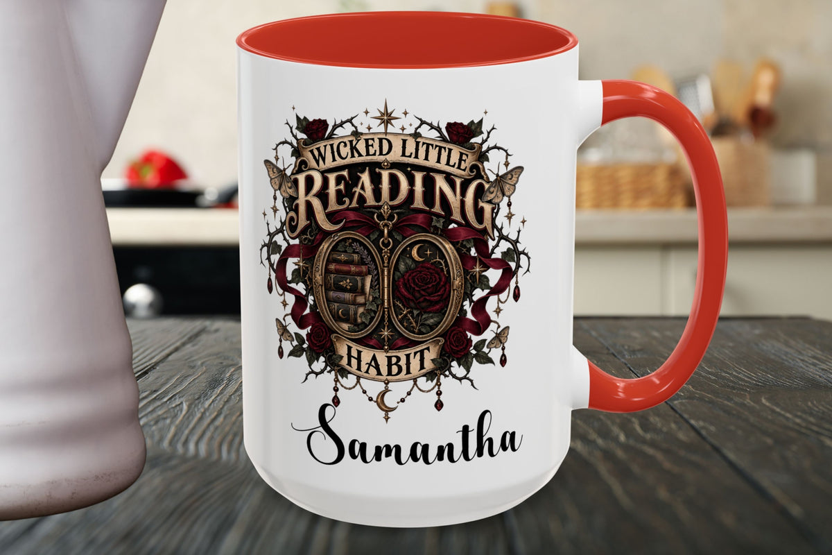 Wicked Little Reading Habit Cup, Personalized Book Lover Mug, Gothic Reader Gift, 11 oz or 15 oz, 4 Accent Colors