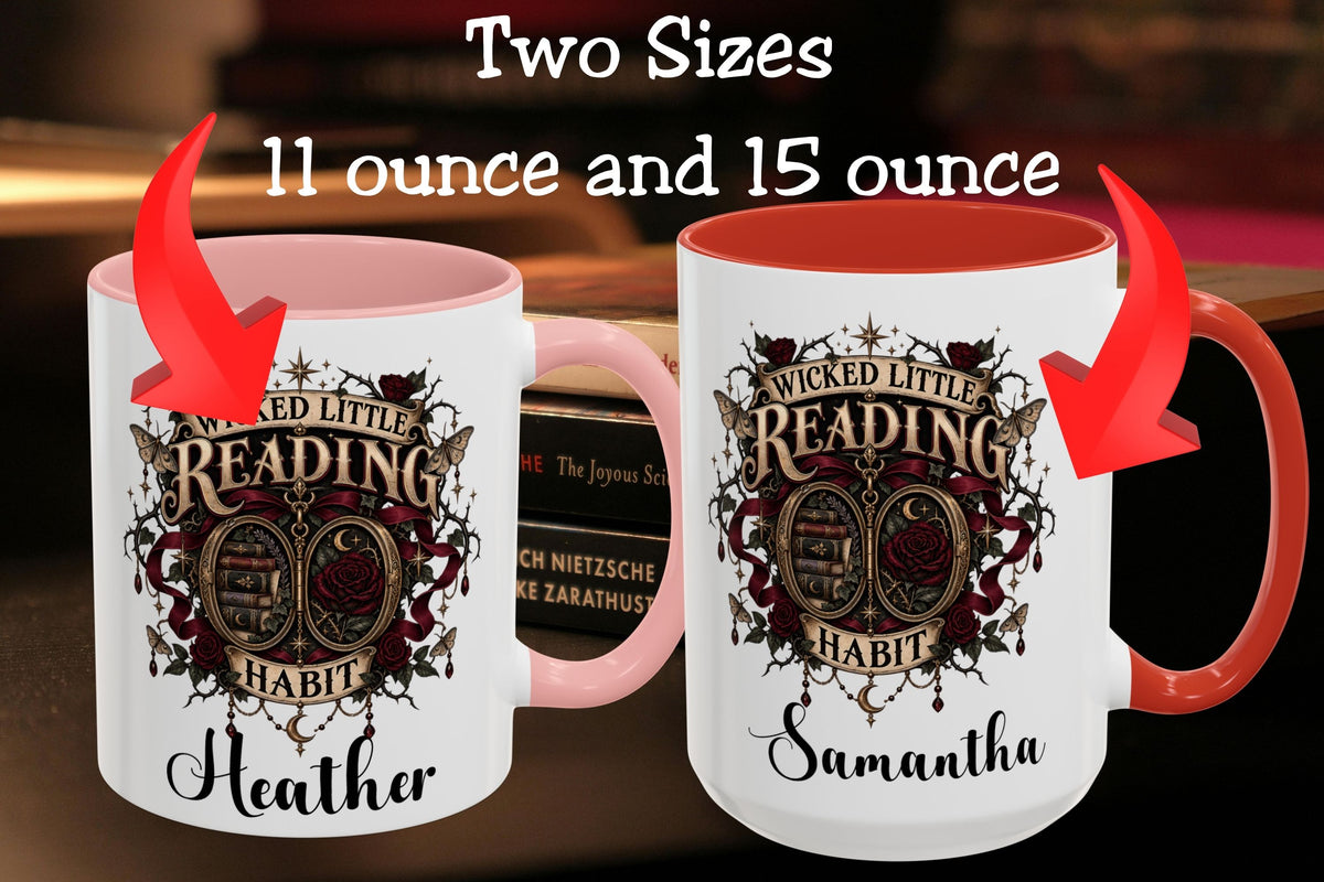 Wicked Little Reading Habit Cup, Personalized Book Lover Mug, Gothic Reader Gift, 11 oz or 15 oz, 4 Accent Colors