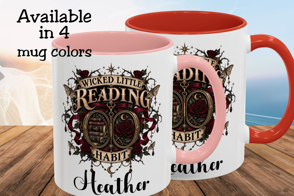 Wicked Little Reading Habit Cup, Personalized Book Lover Mug, Gothic Reader Gift, 11 oz or 15 oz, 4 Accent Colors