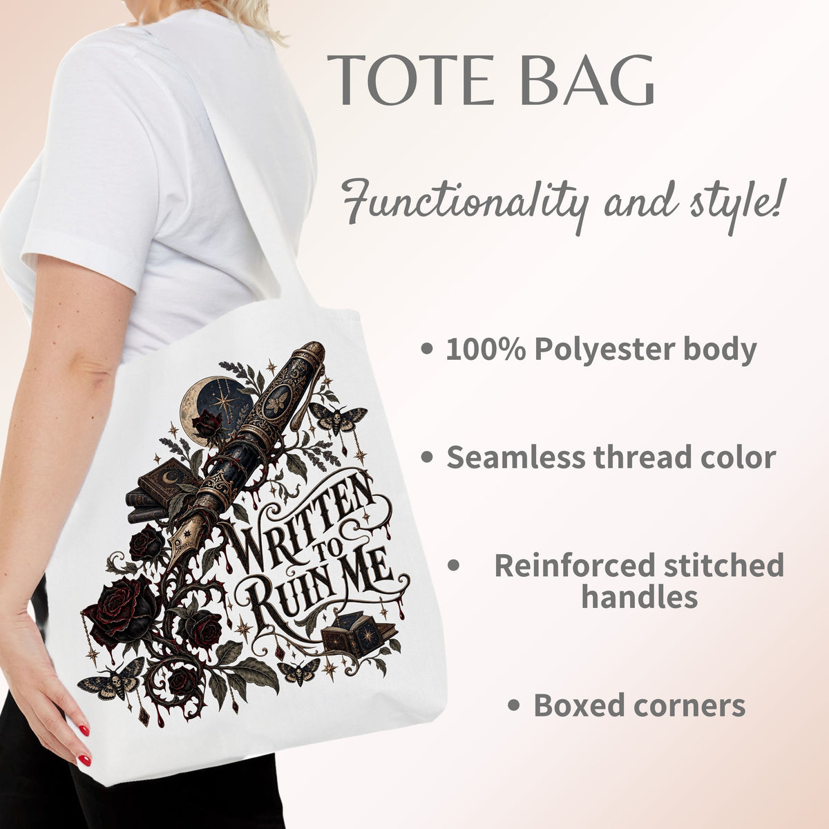 Written to Ruin Me Tote Bag, Gothic Book Lover Gift, Dark Romance Reader Bag, Literary Book Tote, 16x16, 5 Handle Colors