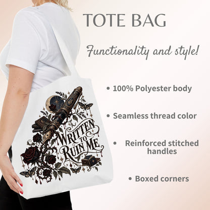 Written to Ruin Me Tote Bag, Gothic Book Lover Gift, Dark Romance Reader Bag, Literary Book Tote, 16x16, 5 Handle Colors