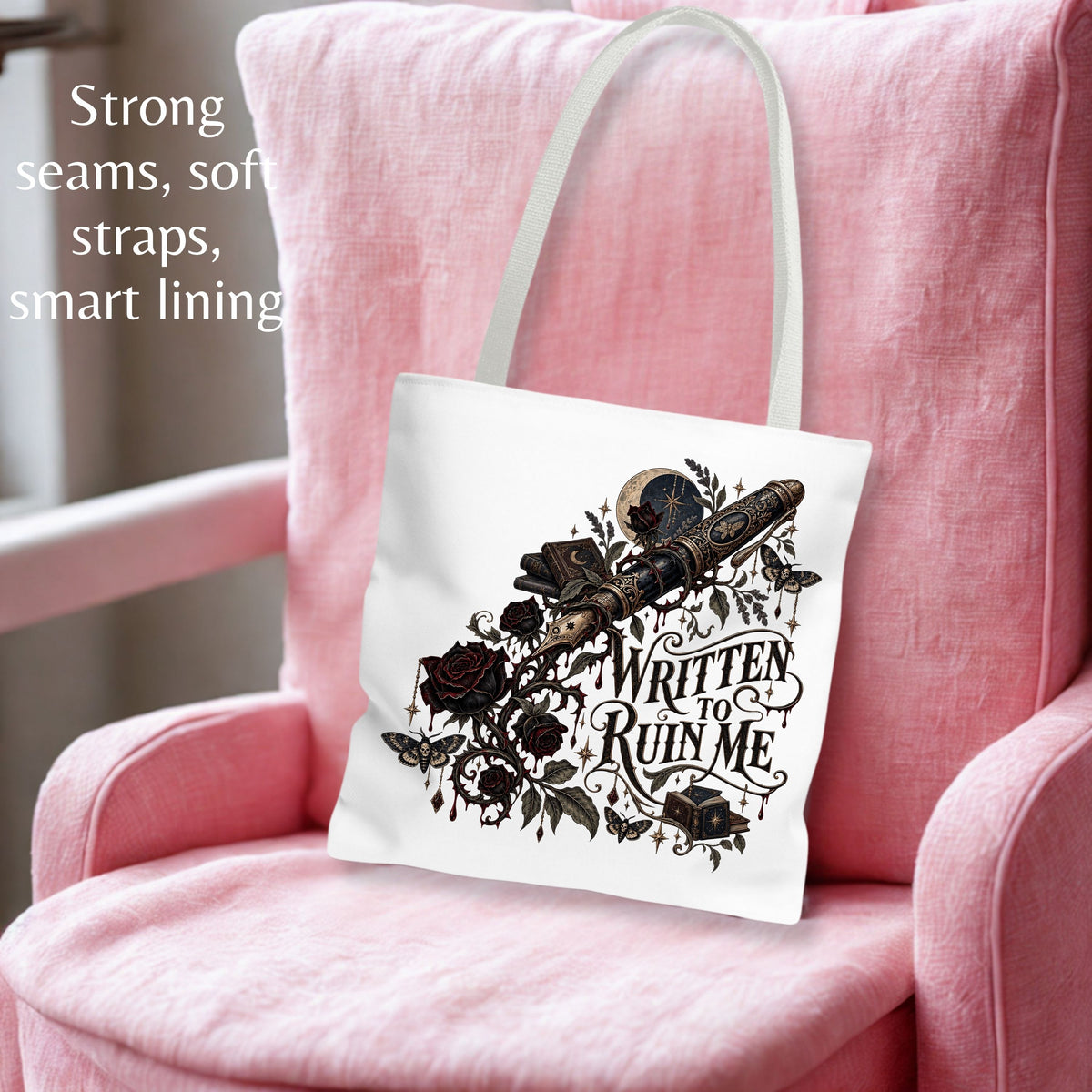 Written to Ruin Me Tote Bag, Gothic Book Lover Gift, Dark Romance Reader Bag, Literary Book Tote, 16x16, 5 Handle Colors