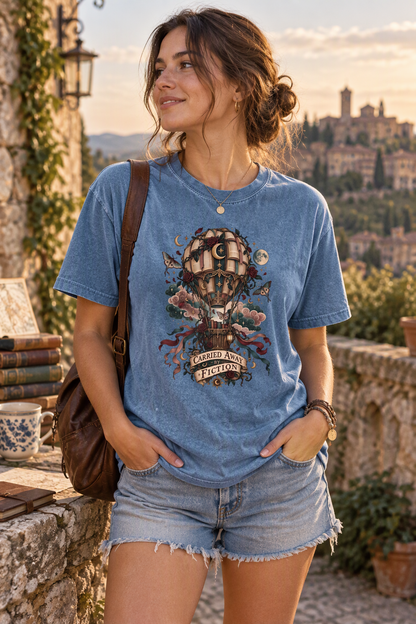 Carried Away by Fiction Shirt, Book Lover T Shirt, Romantasy Reader Gift, Gothic Books and Roses Tee, Comfort Colors