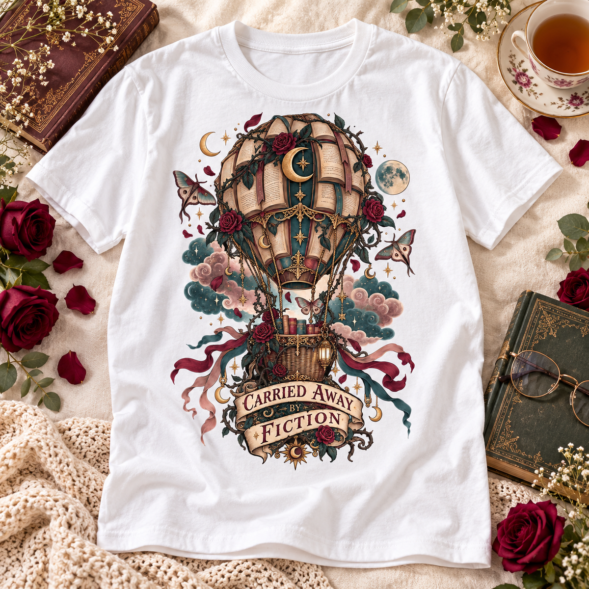 Carried Away by Fiction Shirt, Book Lover T Shirt, Romantasy Reader Gift, Gothic Books and Roses Tee, Comfort Colors