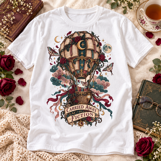 Carried Away by Fiction Shirt, Book Lover T Shirt, Romantasy Reader Gift, Gothic Books and Roses Tee, Comfort Colors