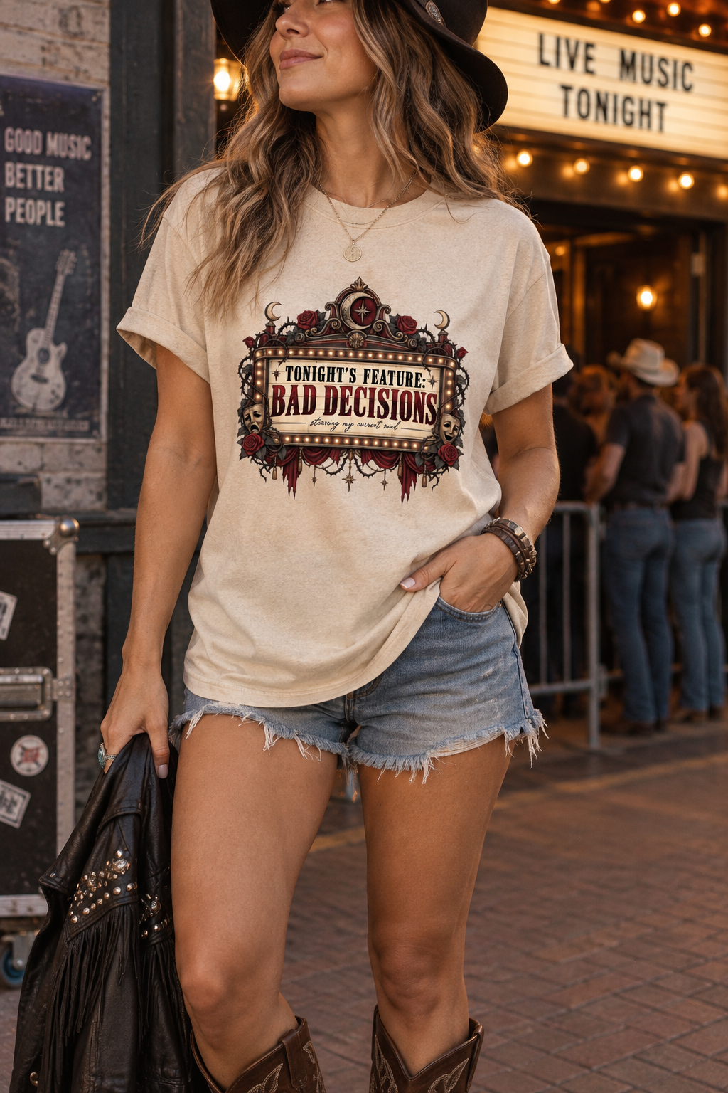 Celebrate your favorite fictional chaos with this “Tonight’s Feature: Bad Decisions” dark romance shirt. The vintage theater-marquee design features burgundy curtains, glowing lights, red roses, celestial moons, thorny vines, and dramatic masks. A funny book lover gift for dark-romance readers, morally gray character fans, BookTok friends, romantasy lovers, and book-club members.