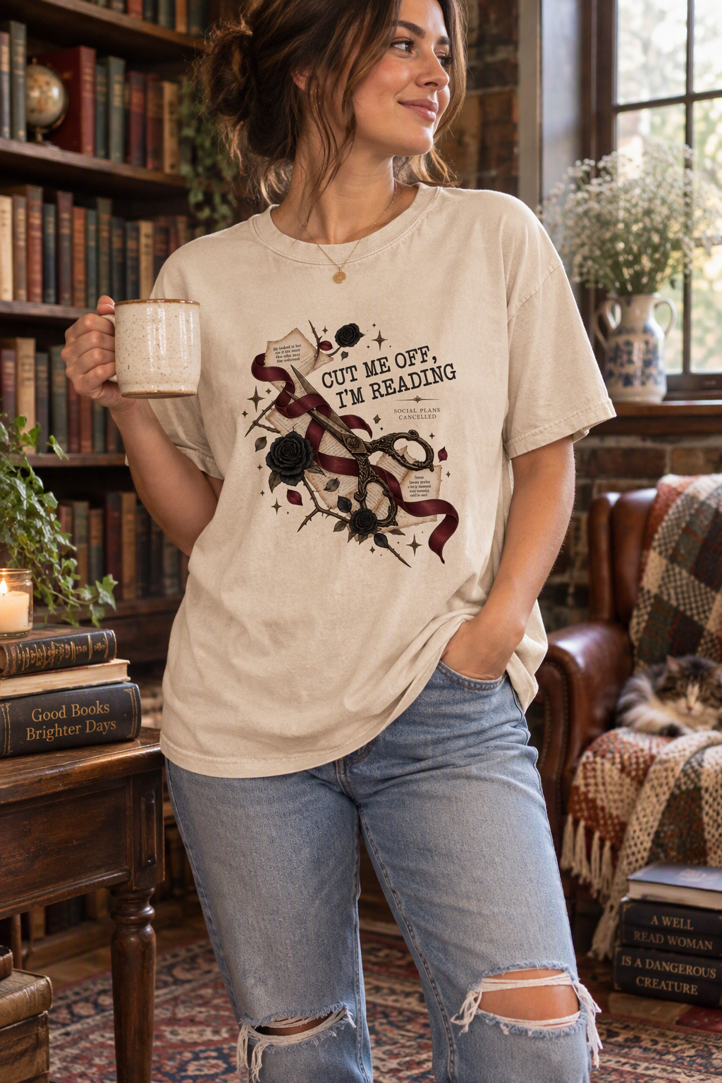 Protect your reading time with this “Cut Me Off, I’m Reading” dark romance shirt. The gothic design features ornate antique scissors, burgundy ribbon, black roses, thorny stems, aged manuscript pages, and the words “Social Plans Cancelled.” A funny book lover gift for dark-romance readers, BookTok friends, introverted readers, romantasy fans, librarians, and book-club members.