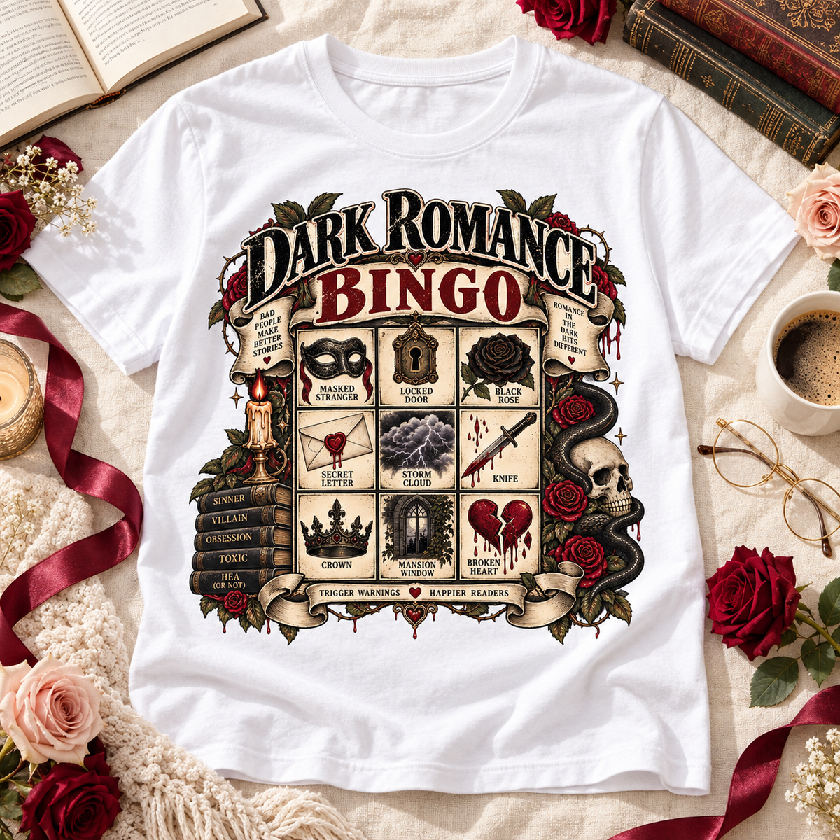 Dark Romance Bingo Shirt, Gothic Book Lover Tee, Morally Gray Romance Reader Gift, Book Club Shirt, Villain Lover T Shirt