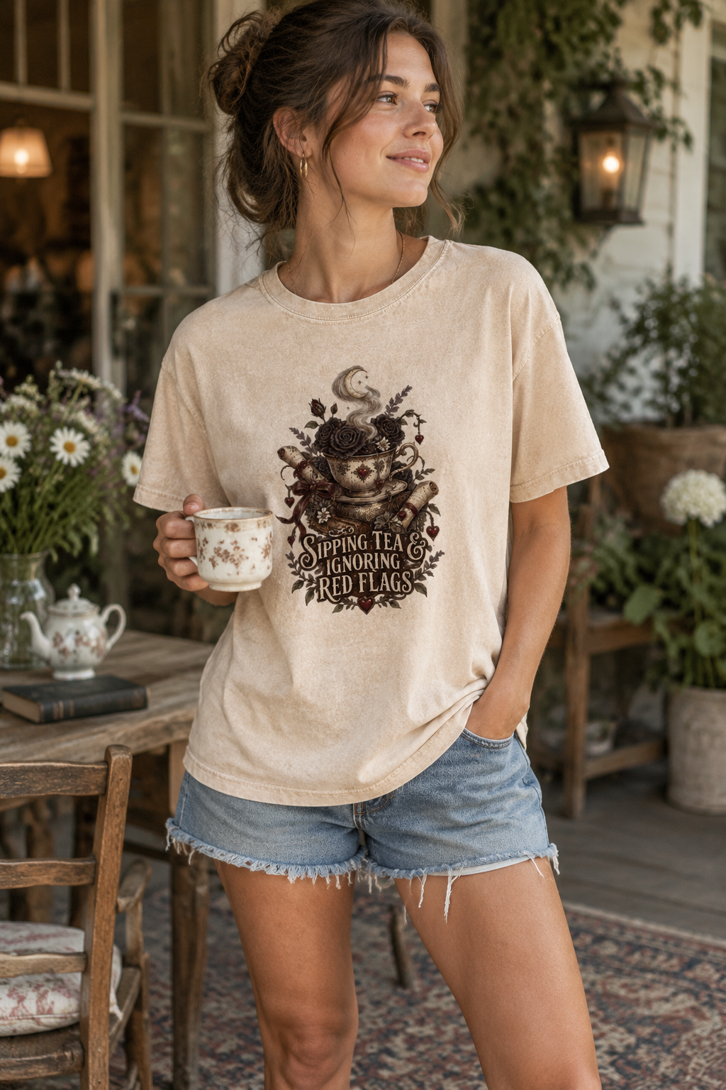 Sipping Tea & Ignoring Red Flags shirt for dark romance readers, romantasy fans, and tea-loving bookworms. This gothic book-lover tee features a vintage teacup, black roses, antique books, celestial details, and distressed lettering. A fun book-club outfit and thoughtful gift for romance readers, BookTok fans, librarians, and anyone who loves morally gray fictional men.