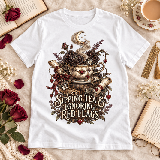 Sipping Tea Ignoring Red Flags Shirt, Dark Romance Reader Tee, Gothic Book Lover Gift, Romantasy Comfort Colors T Shirt