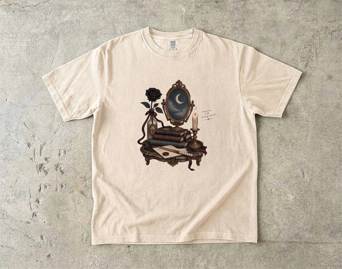 Romance With Consequences Shirt, Gothic Book Lover Tee, Moon Mirror Romance Reader Gift, Comfort Colors Bookish T Shirt