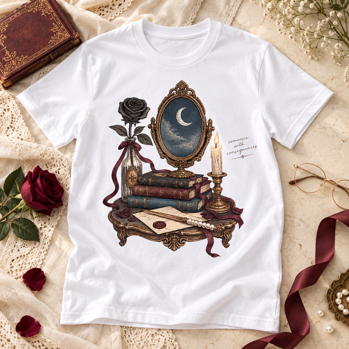 Romance With Consequences Shirt, Gothic Book Lover Tee, Moon Mirror Romance Reader Gift, Comfort Colors Bookish T Shirt