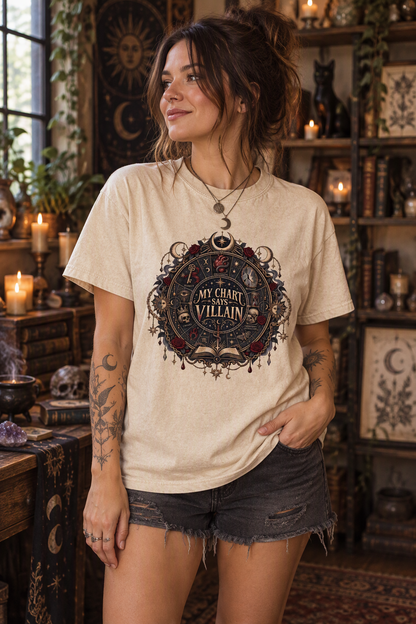 My Chart Says Villain shirt for dark romance and romantasy readers who always choose the morally gray character. This soft Comfort Colors book lover tee features a gothic celestial chart filled with roses, moons, skulls, chains, stars, and symbols of obsession, betrayal, secrecy, chaos, and forbidden attraction. A fun bookish gift for BookTok readers, book club friends, fantasy fans, and villain lovers.