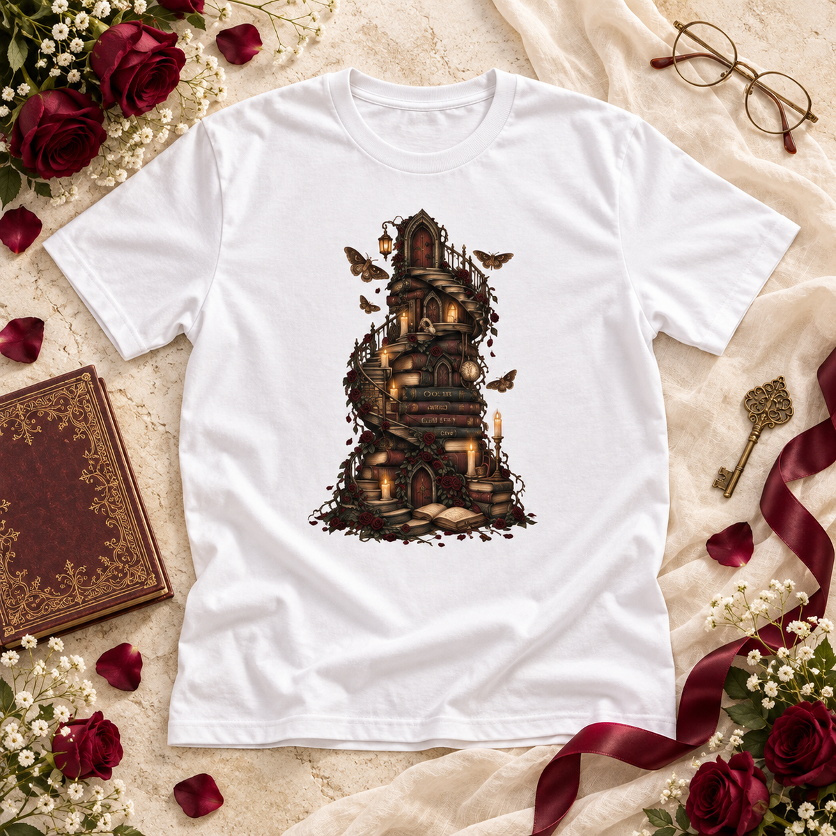 Gothic Library Shirt, Fantasy Book Lover Tee, Whimsical Book Tower Comfort Colors Shirt, Dark Academia Reader Gift