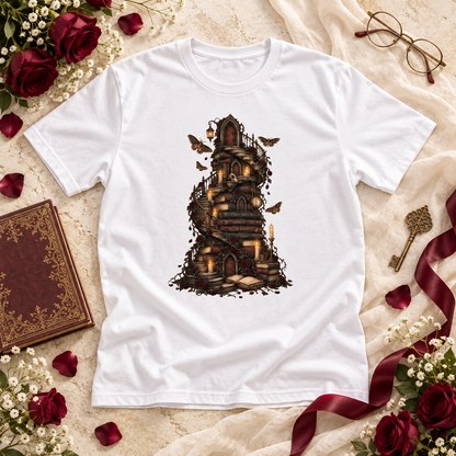 Gothic Library Shirt, Fantasy Book Lover Tee, Whimsical Book Tower Comfort Colors Shirt, Dark Academia Reader Gift