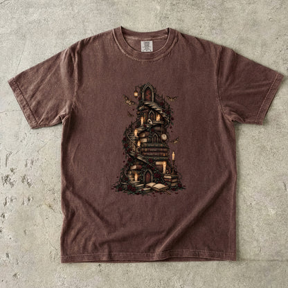 Gothic Library Shirt, Fantasy Book Lover Tee, Whimsical Book Tower Comfort Colors Shirt, Dark Academia Reader Gift